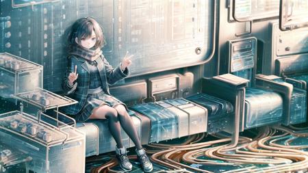 04103-1235-1girl, black_hair, black_legwear, plaid, scarf, shoes, short_hair, sitting, skirt, solo, train_interior, ,glasstech,.png